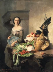 Sirvienta de pie junto a una mesa auxiliar cubierta de comida, 1859